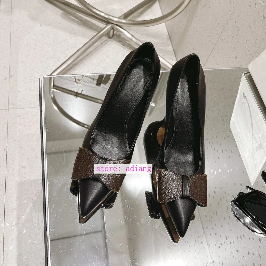 8.5cm stiletto leather canvas bow point toe pump fashion boat shoes women 2023 new