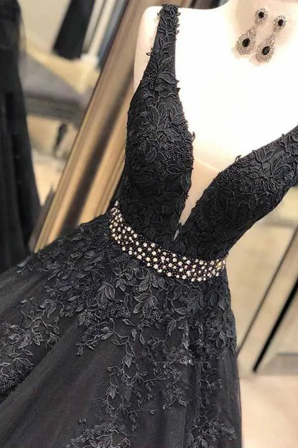 A-line Black V Neck Open Back Black Lace Long Evening Dresses with Beading TP0899
