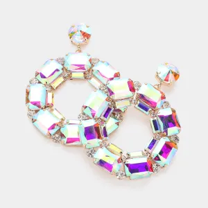 AB Square Stone Open Circle Dangle Pageant Earrings on Gold | Evening Earrings |  631869