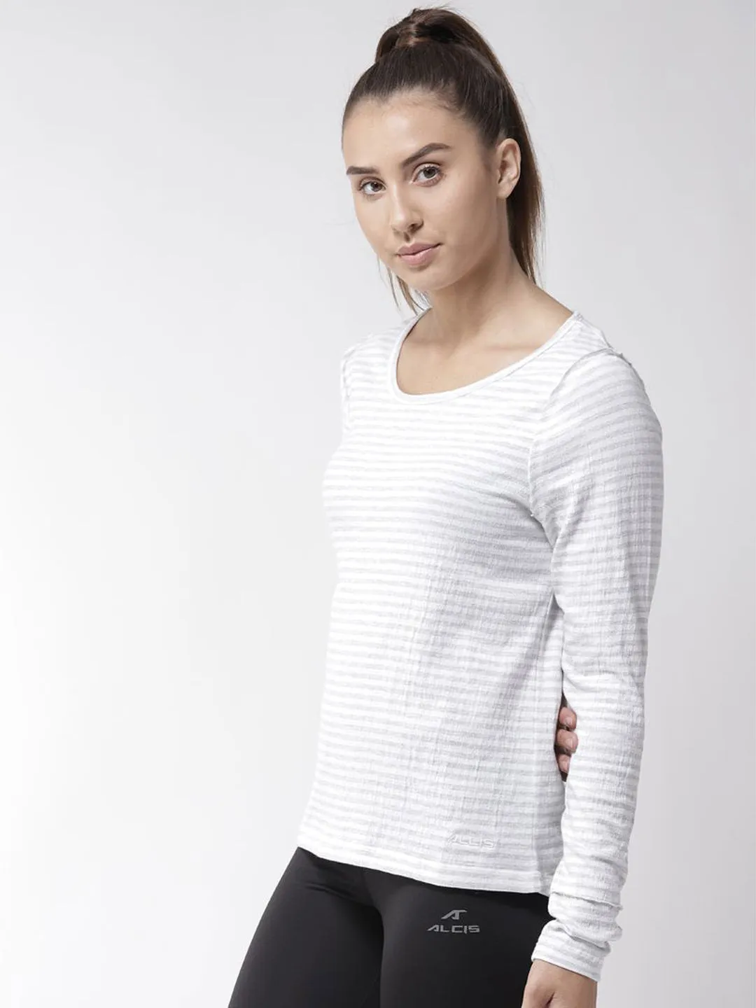 Alcis Women White Grey Slim Fit Striped Round Neck Yoga T-shirt
