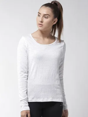 Alcis Women White Grey Slim Fit Striped Round Neck Yoga T-shirt