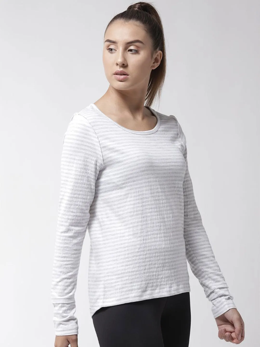 Alcis Women White Grey Slim Fit Striped Round Neck Yoga T-shirt
