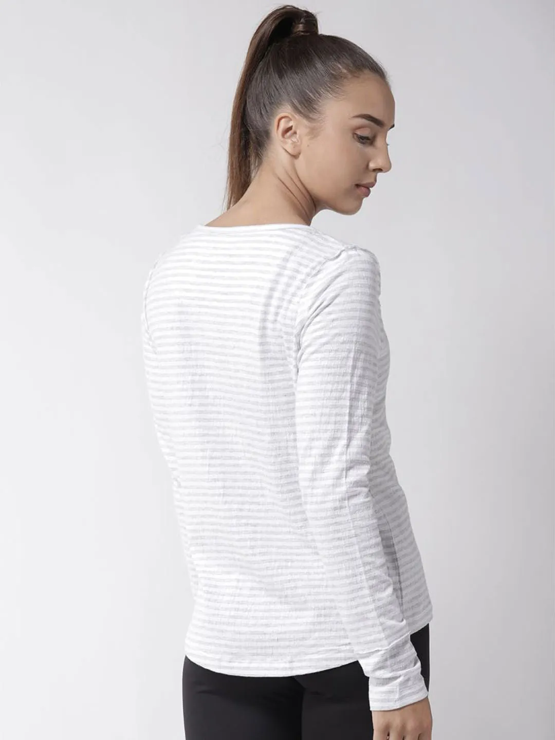 Alcis Women White Grey Slim Fit Striped Round Neck Yoga T-shirt