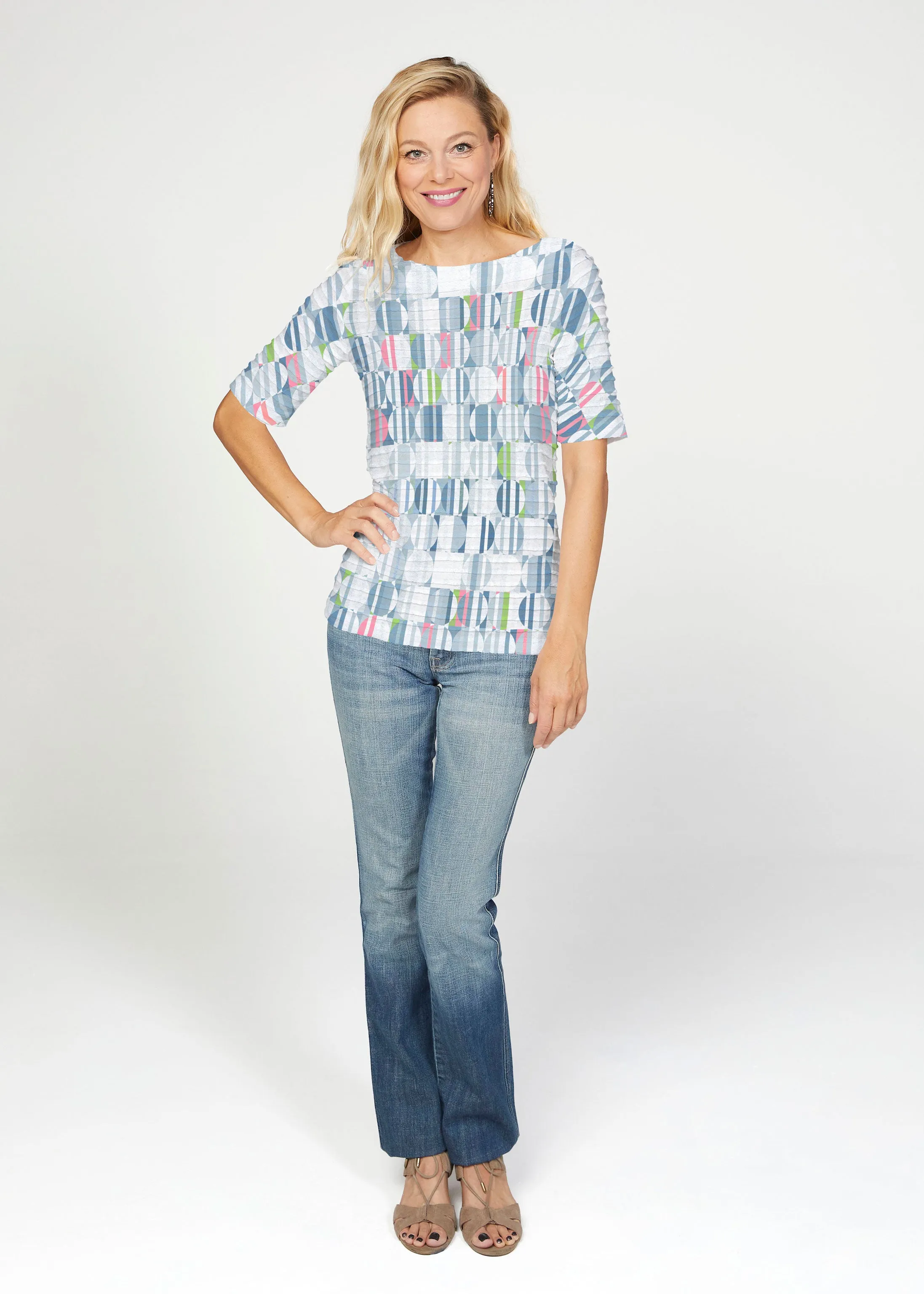 Around We Go (8012) ~ Banded Elbow Sleeve Boat Neck Top