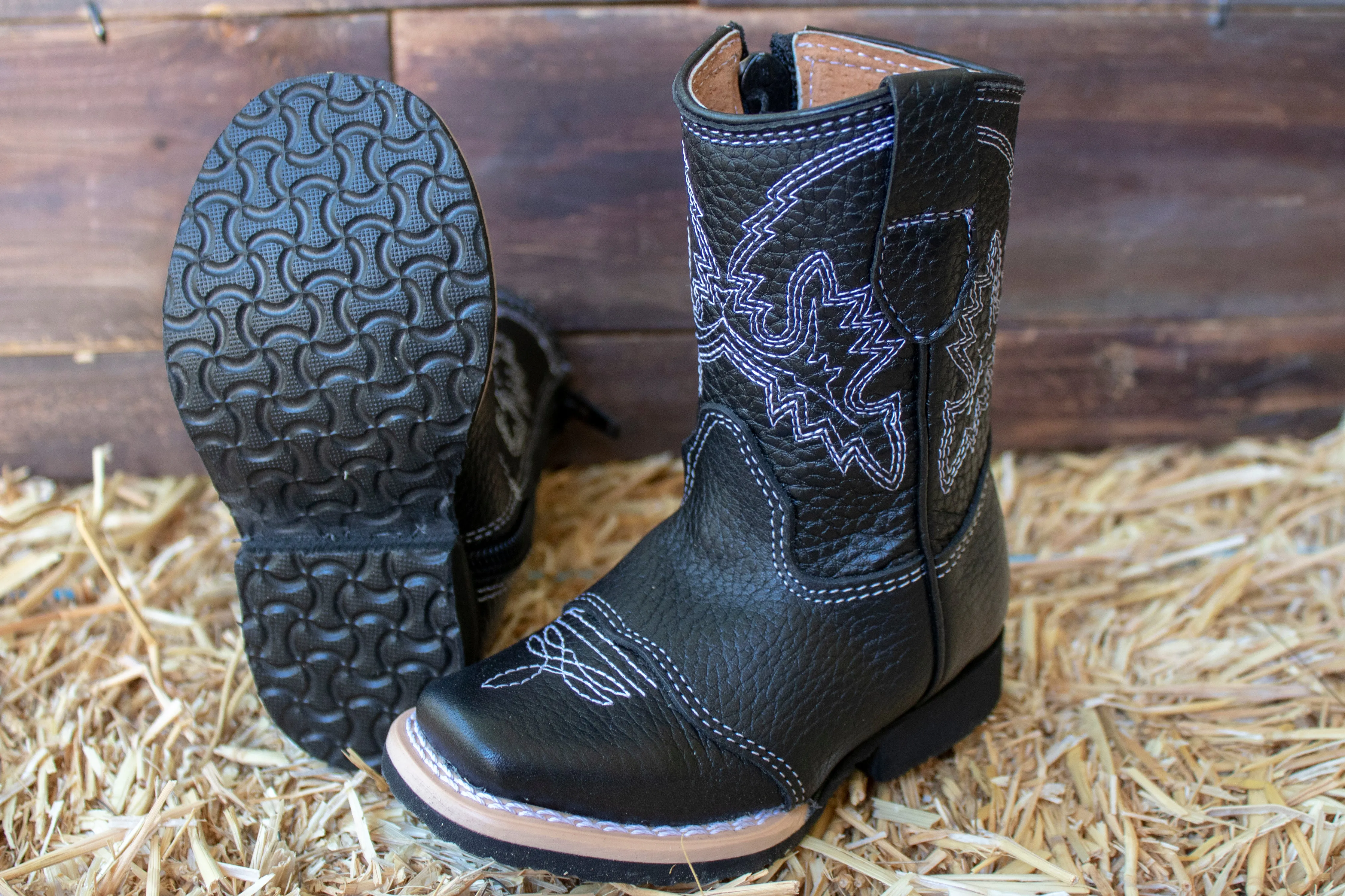 BABY WALKER TODDLER SQUARE TOE LEATHER BLACK BOOTS