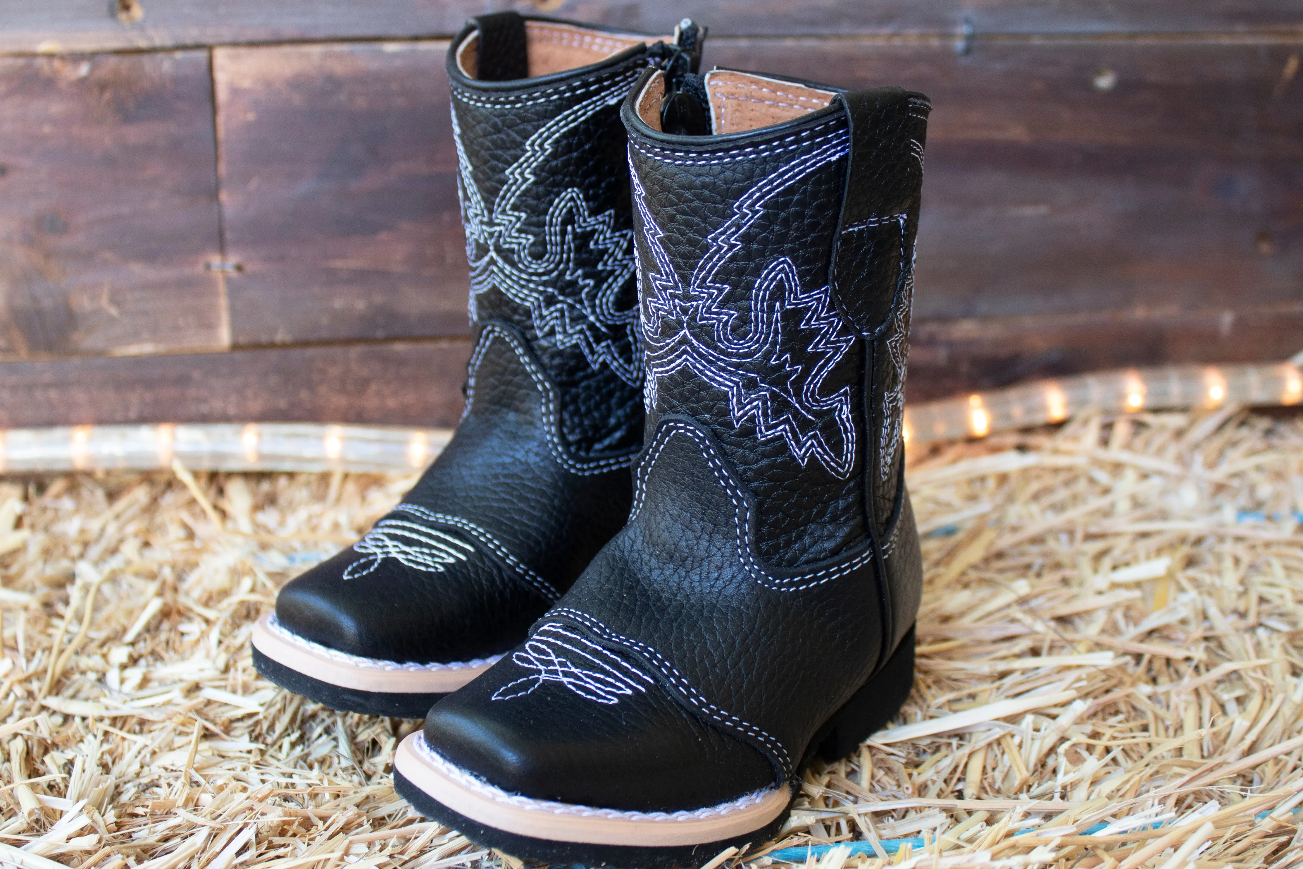 BABY WALKER TODDLER SQUARE TOE LEATHER BLACK BOOTS