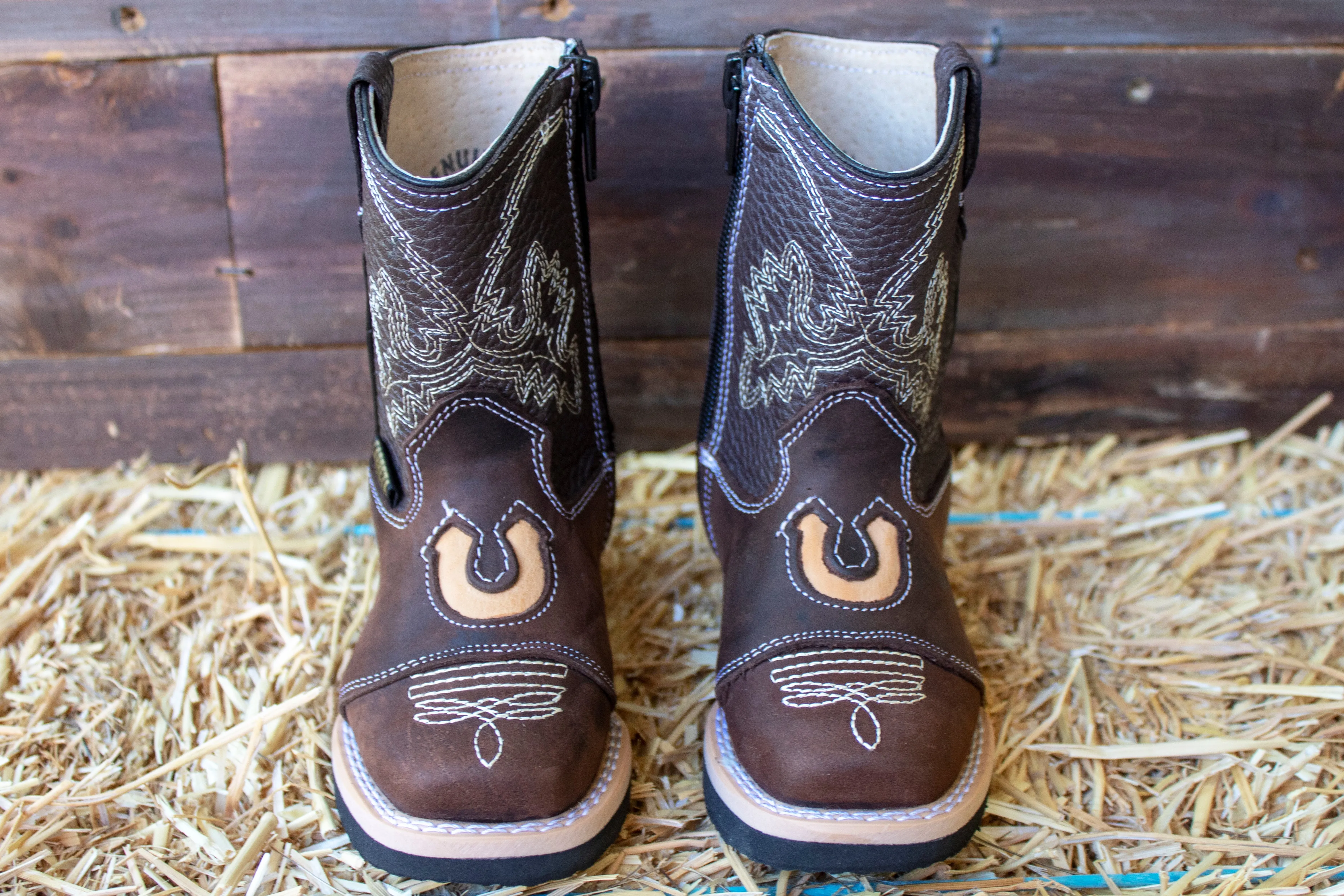 BABY WALKER TODDLER SQUARE TOE LEATHER BROWN HORSESHOE BOOTS