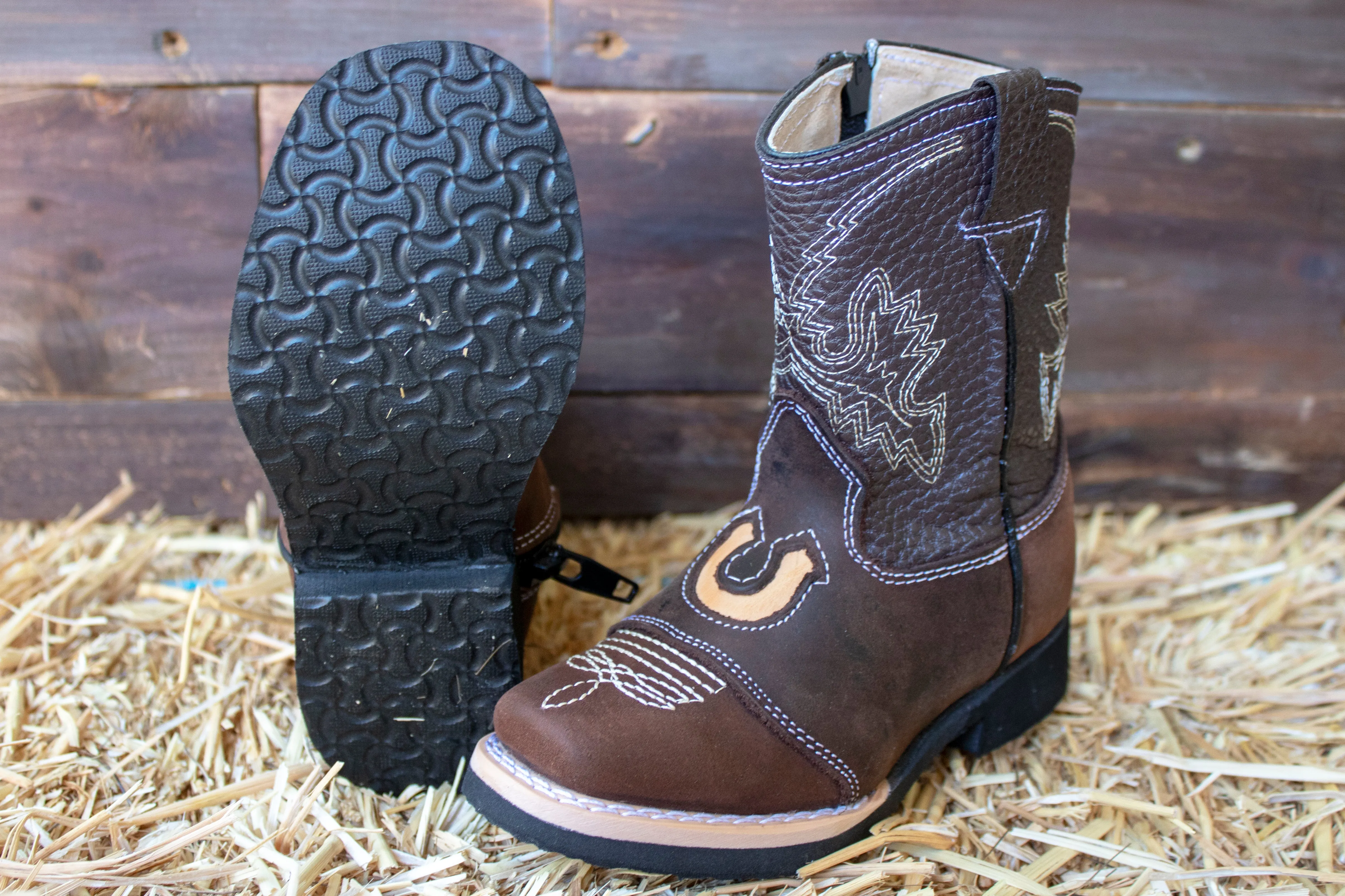 BABY WALKER TODDLER SQUARE TOE LEATHER BROWN HORSESHOE BOOTS