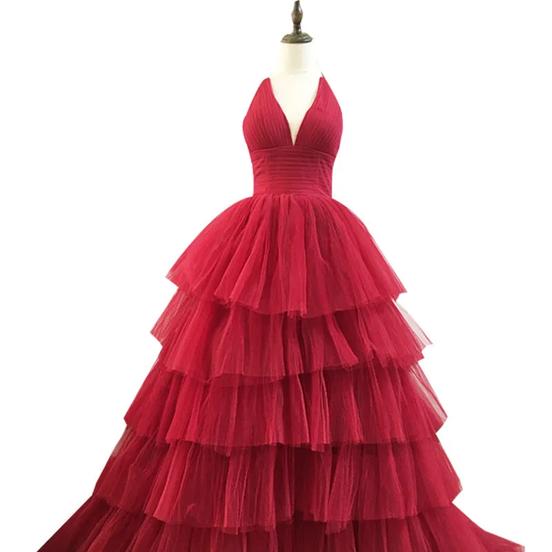 Beautiful Layers V-neckline Tulle Long Formal Dresses, Charming Party Dresses Evening Dress