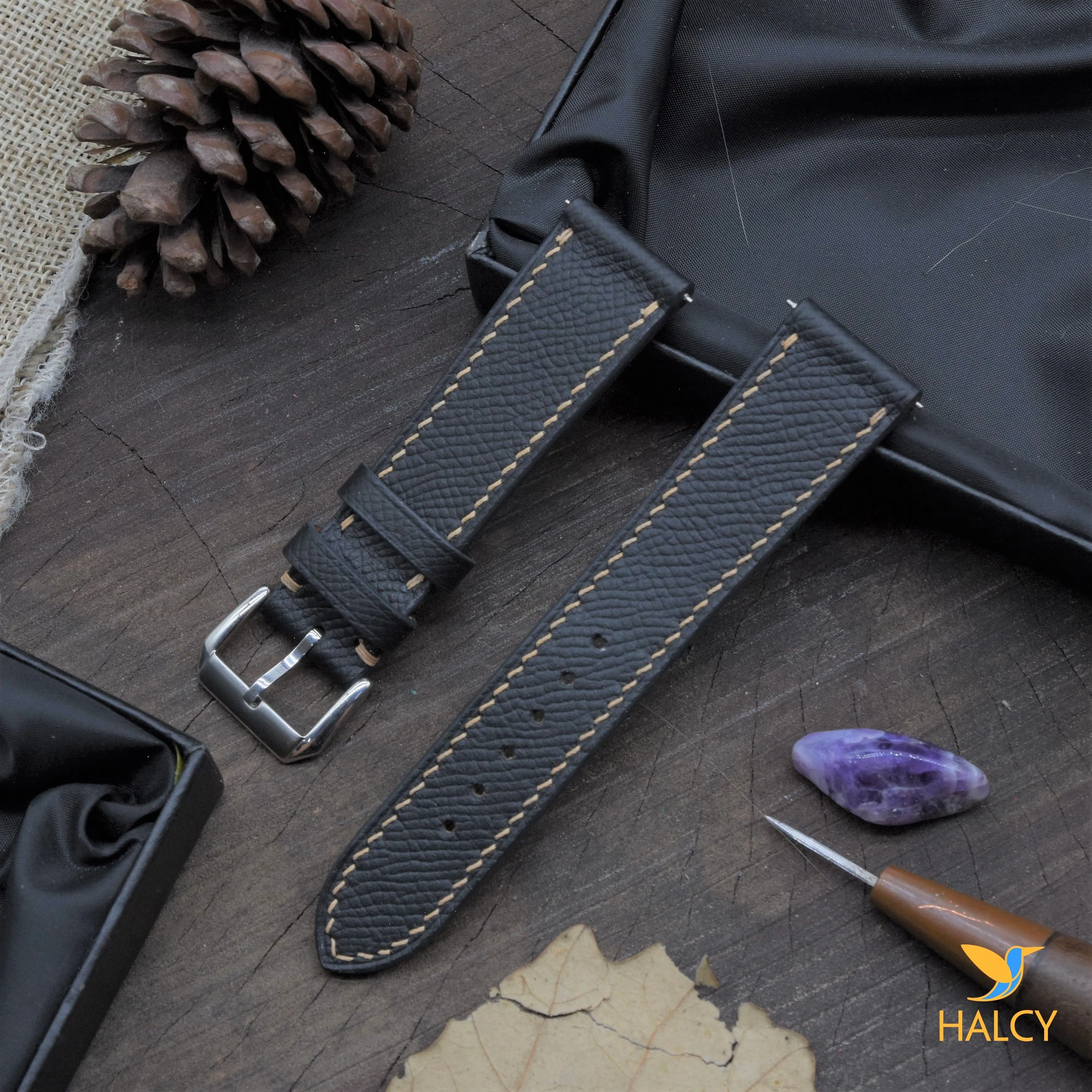 Black Epsom Calf leather Watch strap with quick-release spring bars. Choice of Width - 16mm, 18mm, 20mm, 22mm, 24mm, Etc..