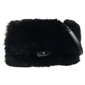 Black Orylag Rabbit Fur Medium Single Flap Bag