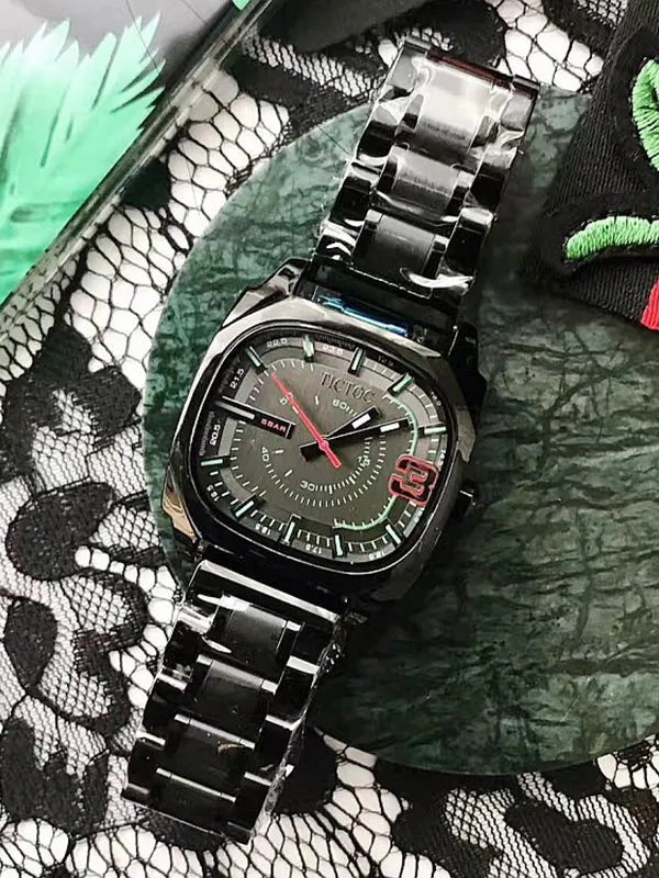Black Square Pattern Stainless Steel Strap Watch