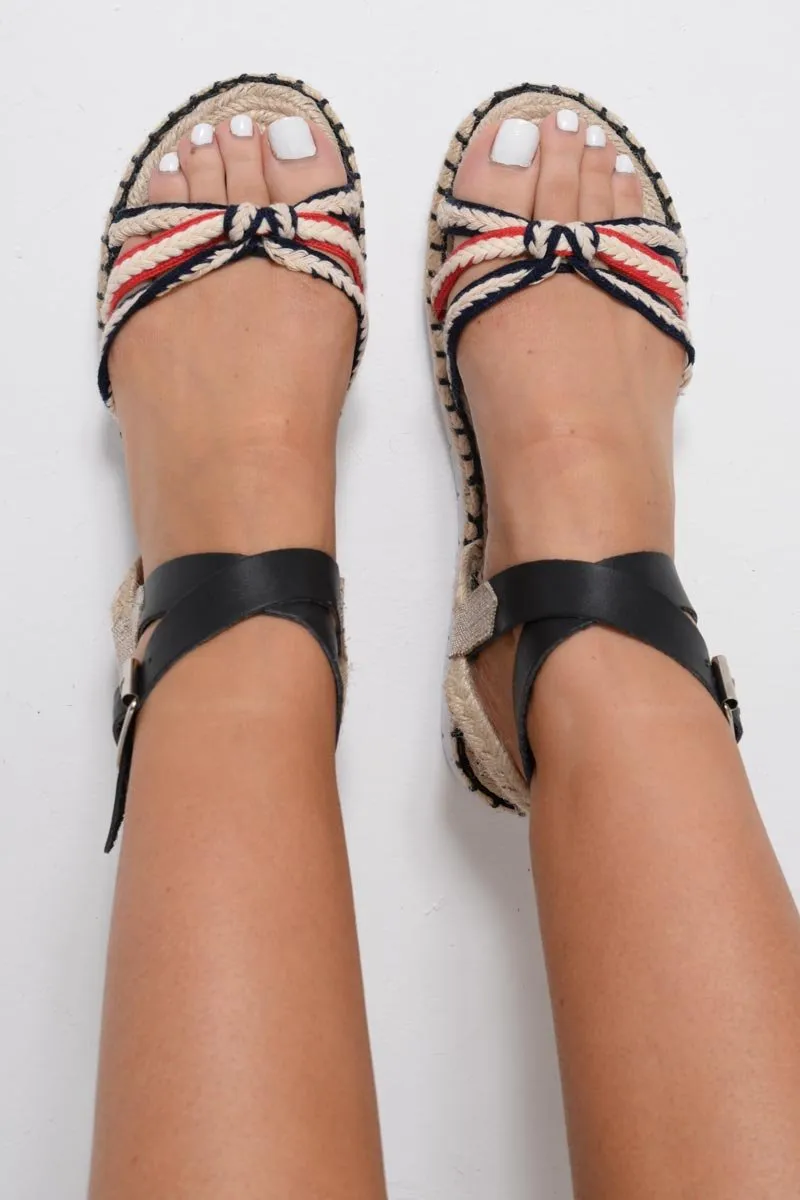 Black Woven PU Ankle Strap Sandals - Callan