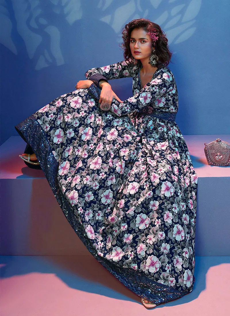 Blue Floral Print And Sequence Embroidered Crape Gown