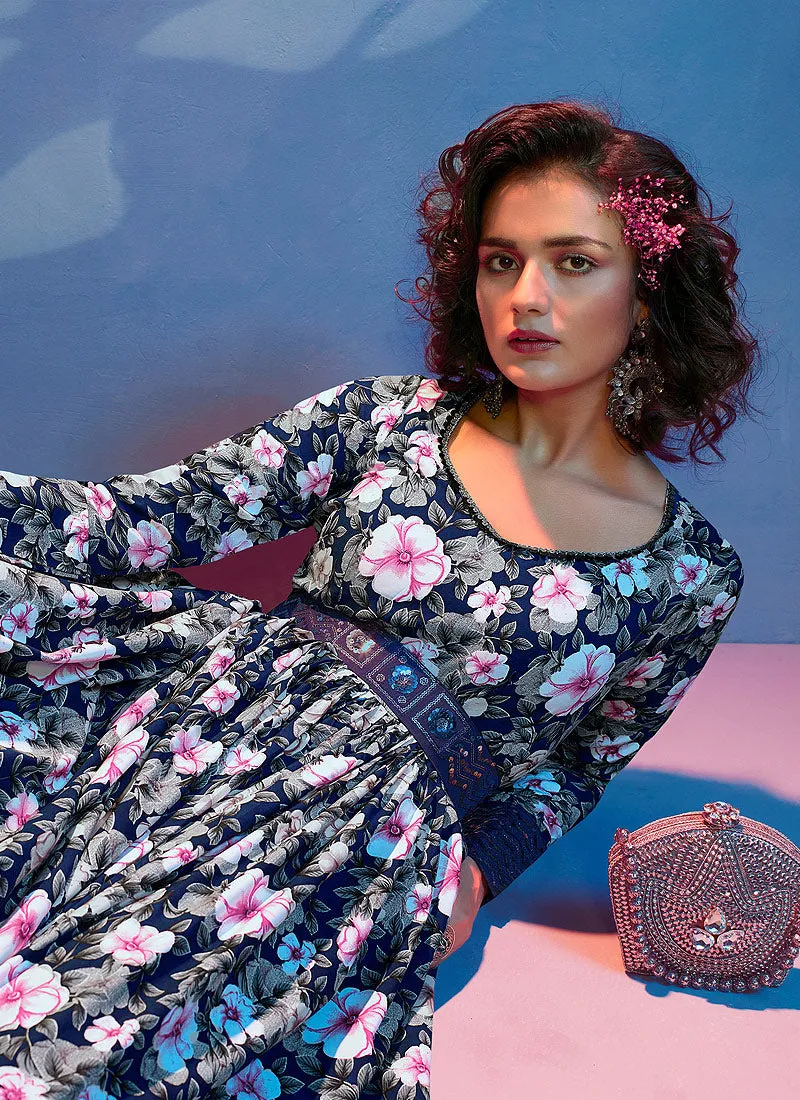 Blue Floral Print And Sequence Embroidered Crape Gown