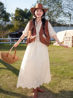 Bohemian White Embroidered Cotton Maxi Dress with Suede Embroidered Vest Boho Suit
