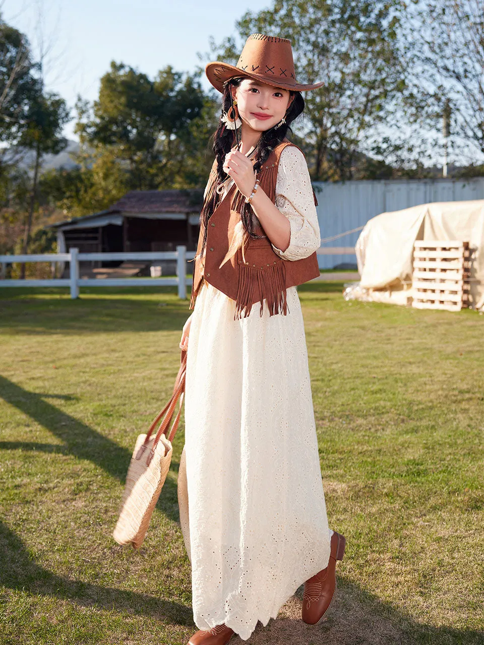 Bohemian White Embroidered Cotton Maxi Dress with Suede Embroidered Vest Boho Suit