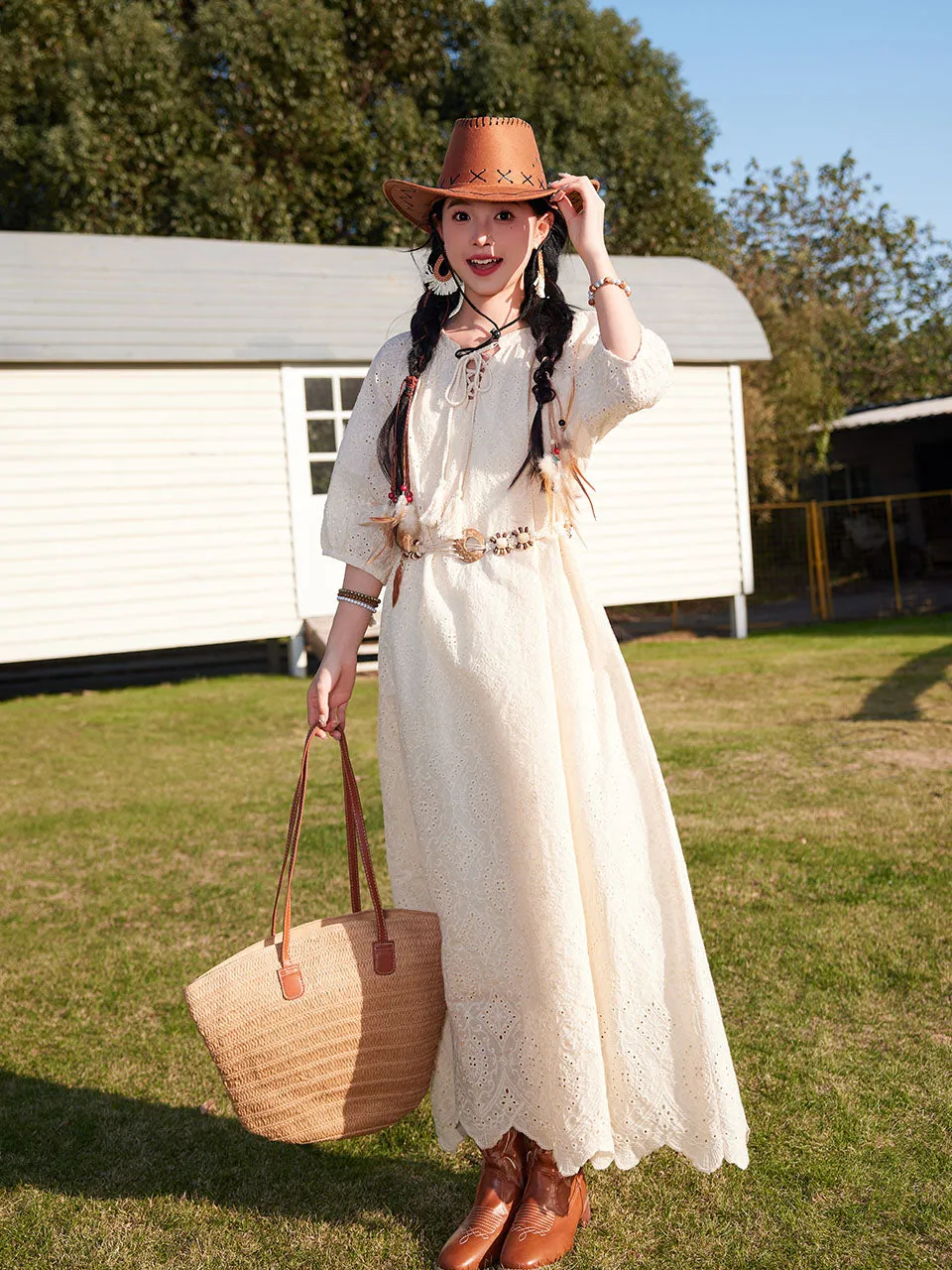 Bohemian White Embroidered Cotton Maxi Dress with Suede Embroidered Vest Boho Suit