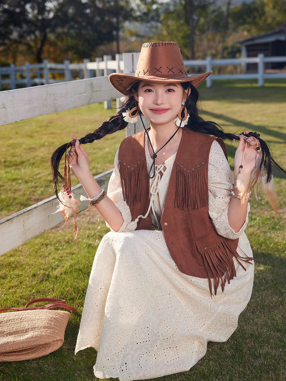 Bohemian White Embroidered Cotton Maxi Dress with Suede Embroidered Vest Boho Suit