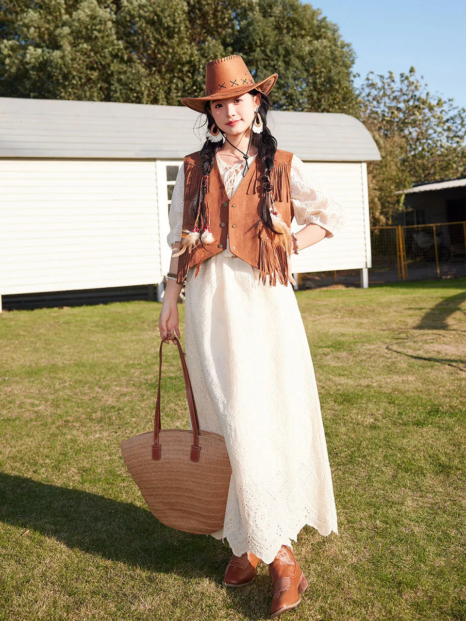 Bohemian White Embroidered Cotton Maxi Dress with Suede Embroidered Vest Boho Suit