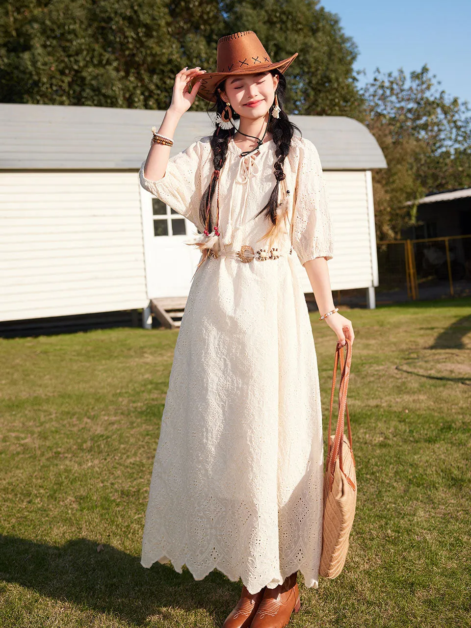 Bohemian White Embroidered Cotton Maxi Dress with Suede Embroidered Vest Boho Suit