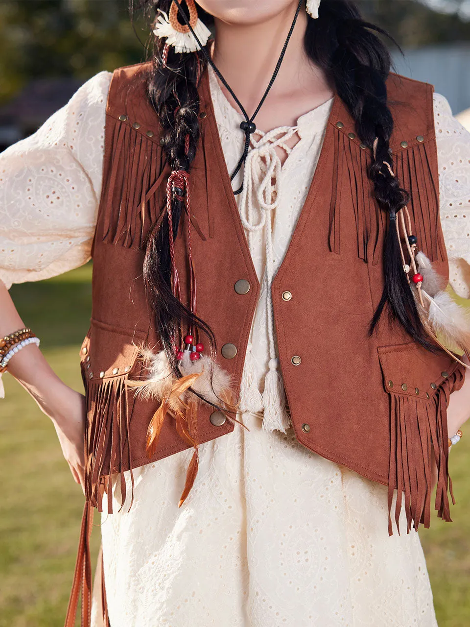 Bohemian White Embroidered Cotton Maxi Dress with Suede Embroidered Vest Boho Suit