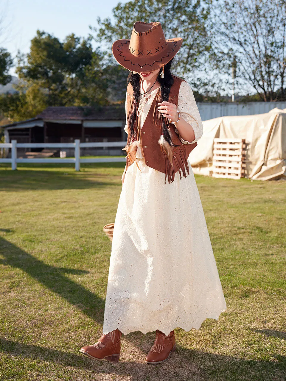 Bohemian White Embroidered Cotton Maxi Dress with Suede Embroidered Vest Boho Suit