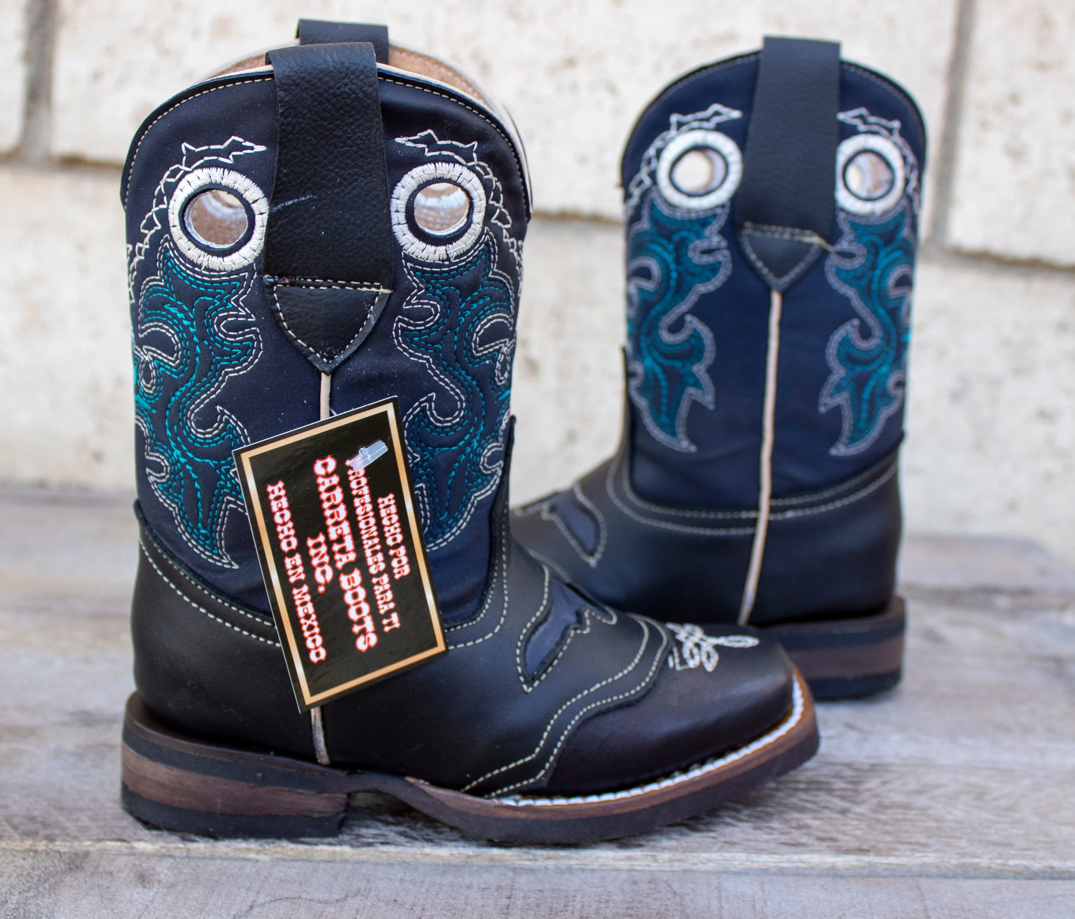 BOYS TODDLER YOUTH WESTERN BLACK SQUARE TOE COWBOY LEATHER BOOTS