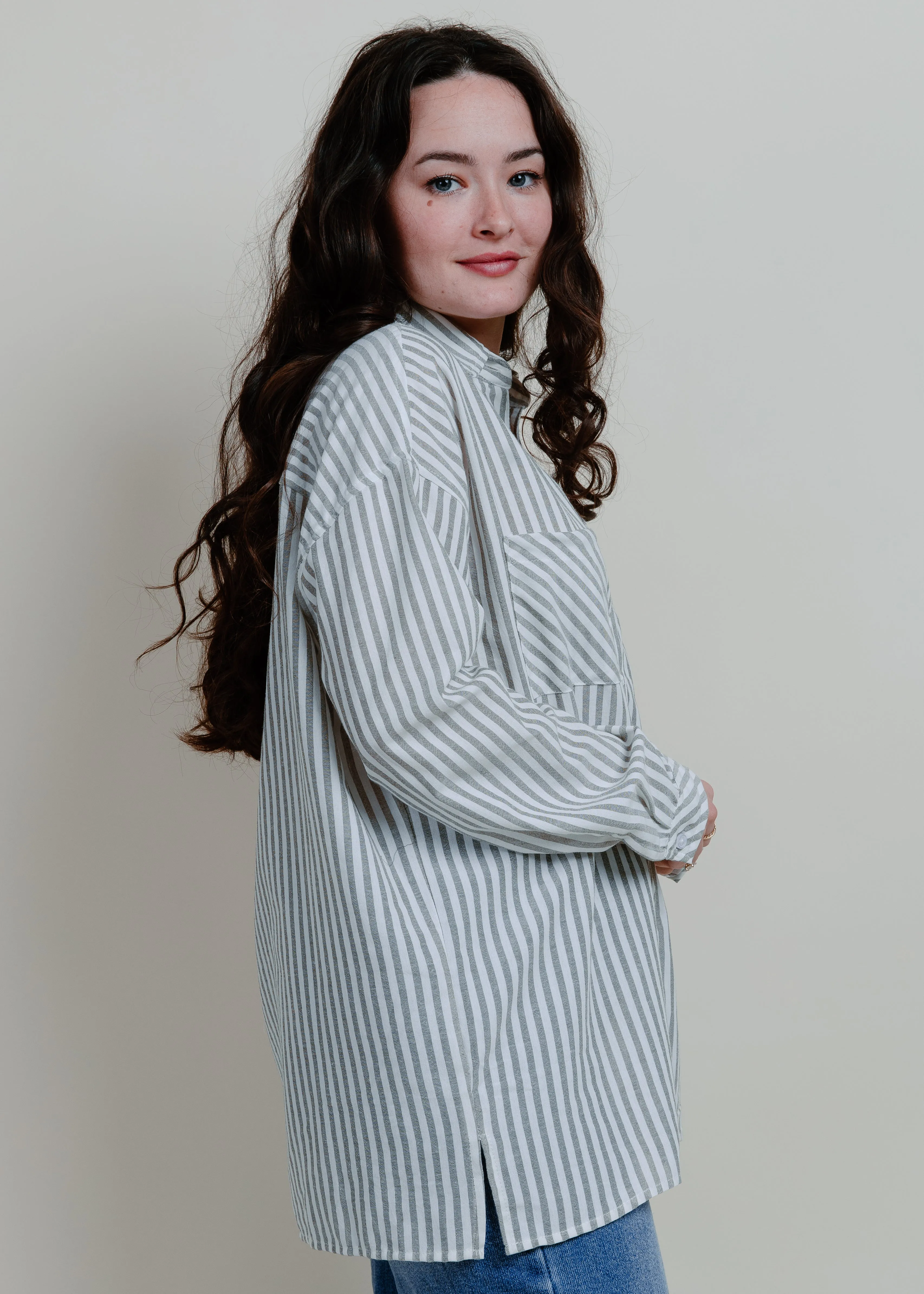 Braylan Striped Button Down Top - Grey