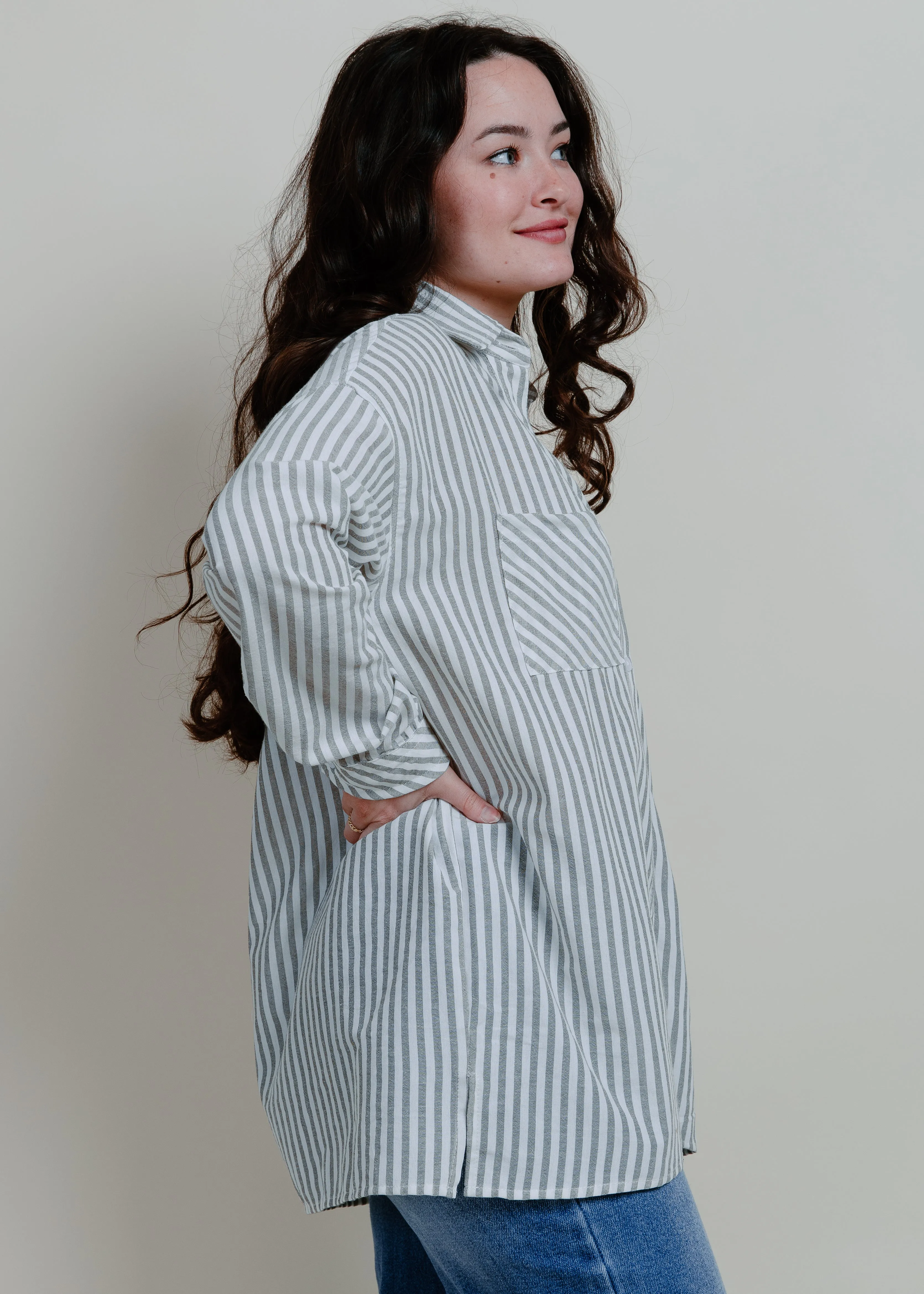 Braylan Striped Button Down Top - Grey