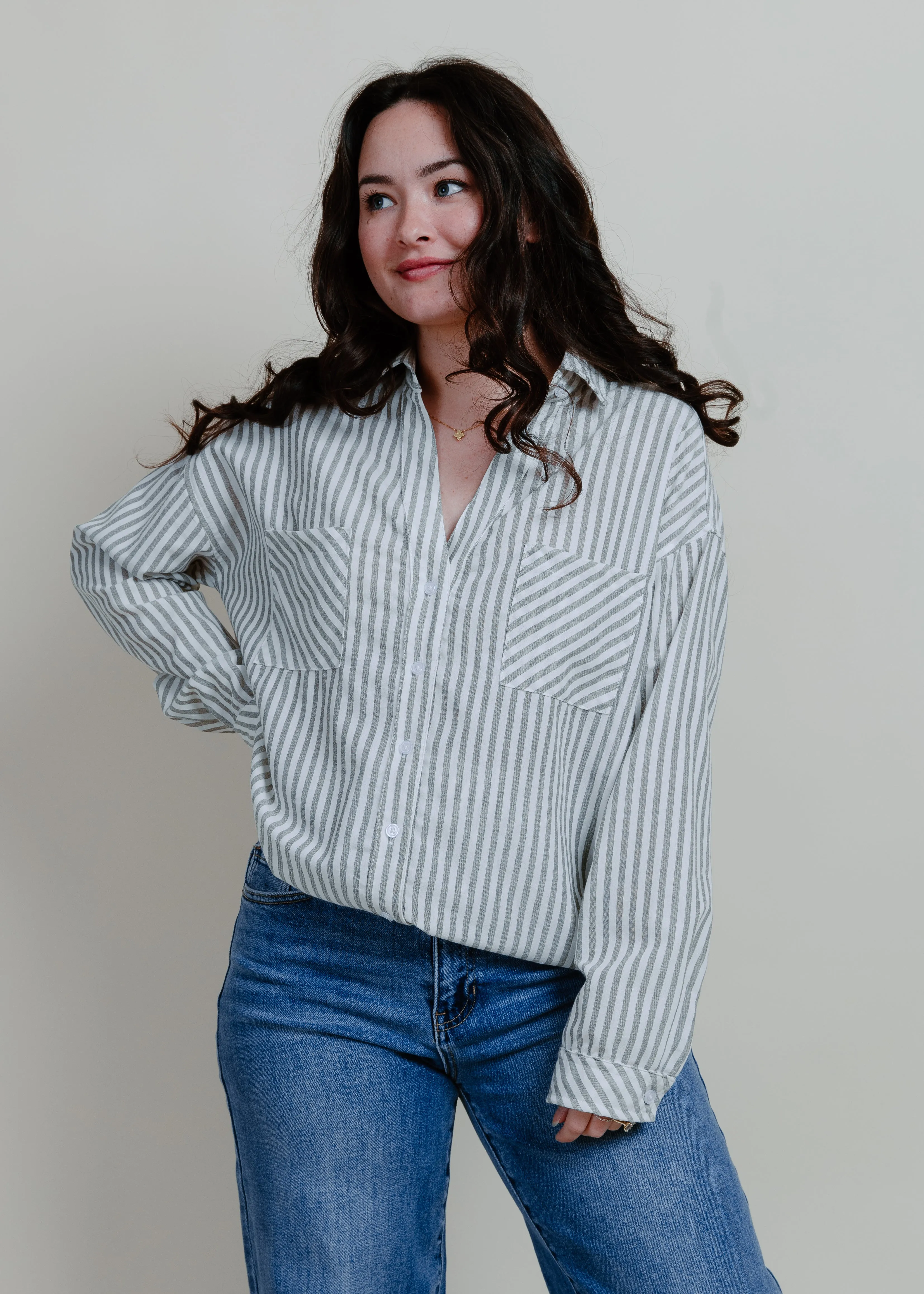Braylan Striped Button Down Top - Grey