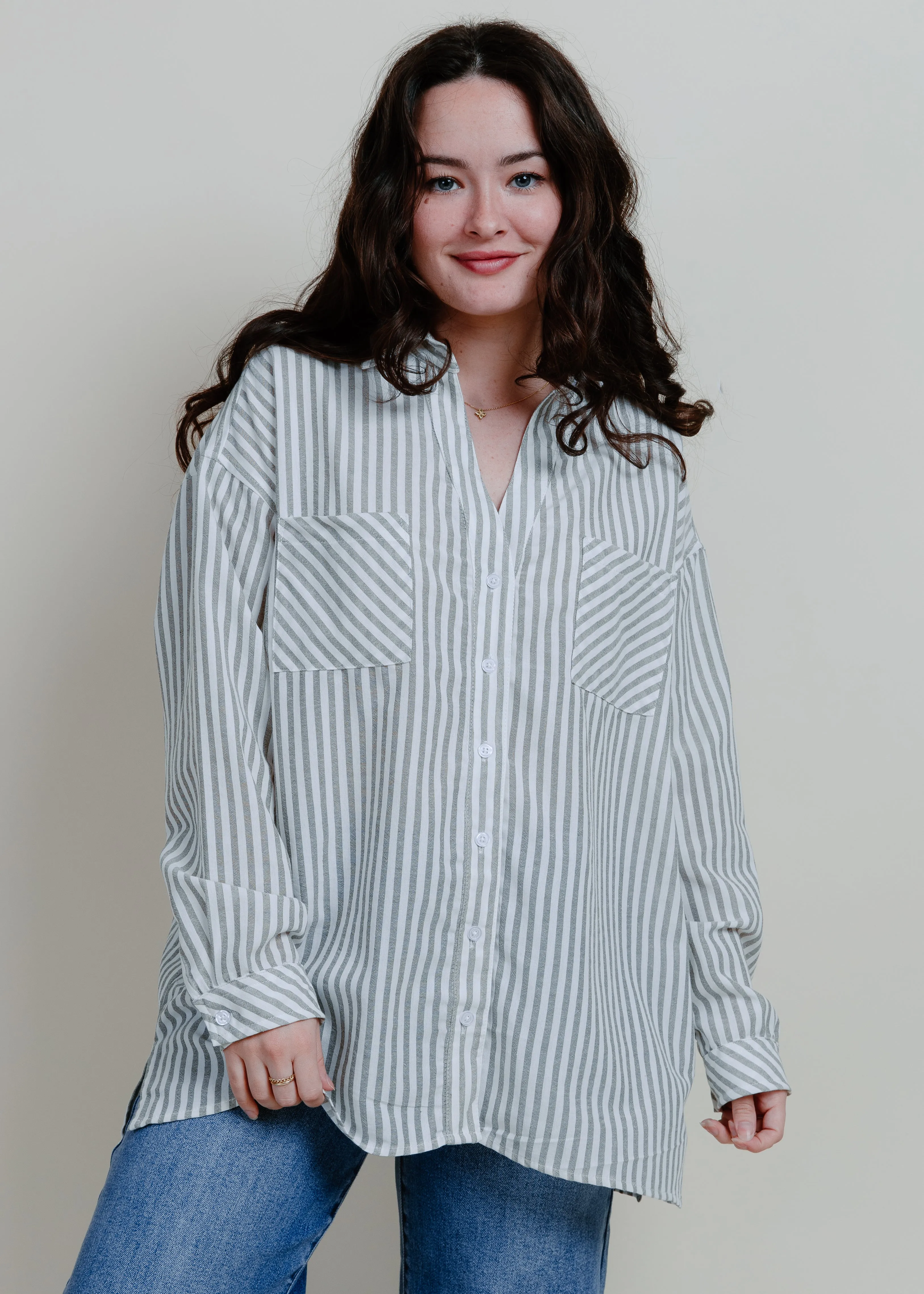Braylan Striped Button Down Top - Grey