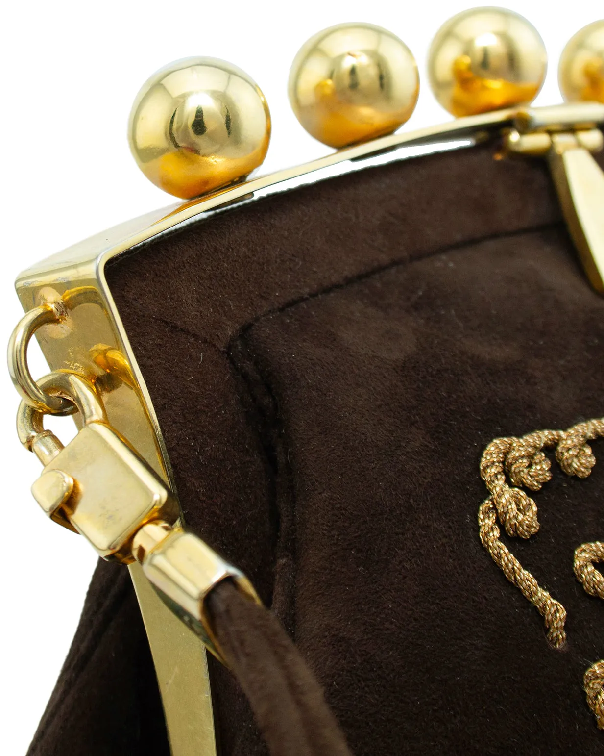 Brown and Gold Embroidered Suede Mini Bag