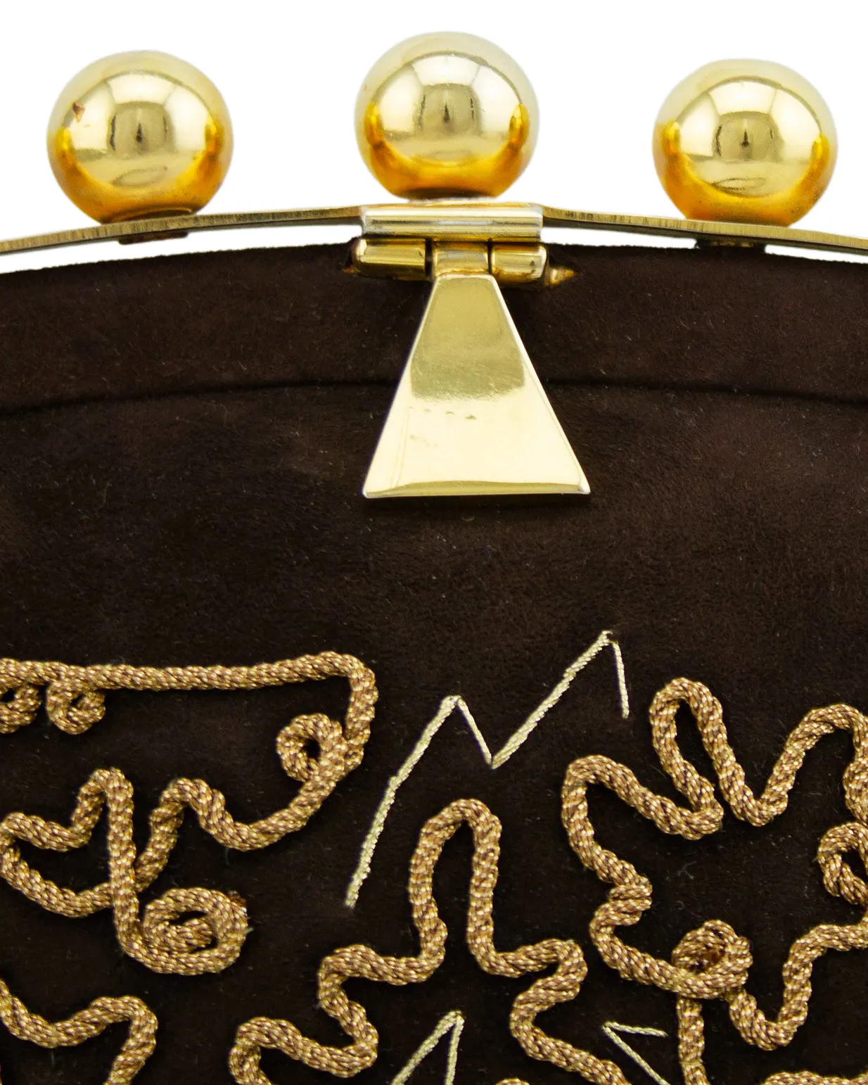 Brown and Gold Embroidered Suede Mini Bag