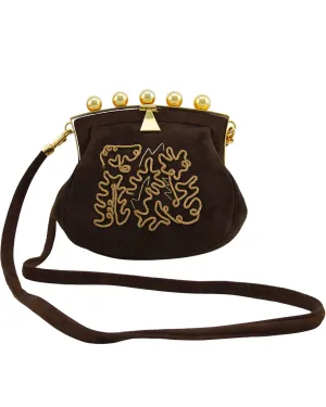 Brown and Gold Embroidered Suede Mini Bag