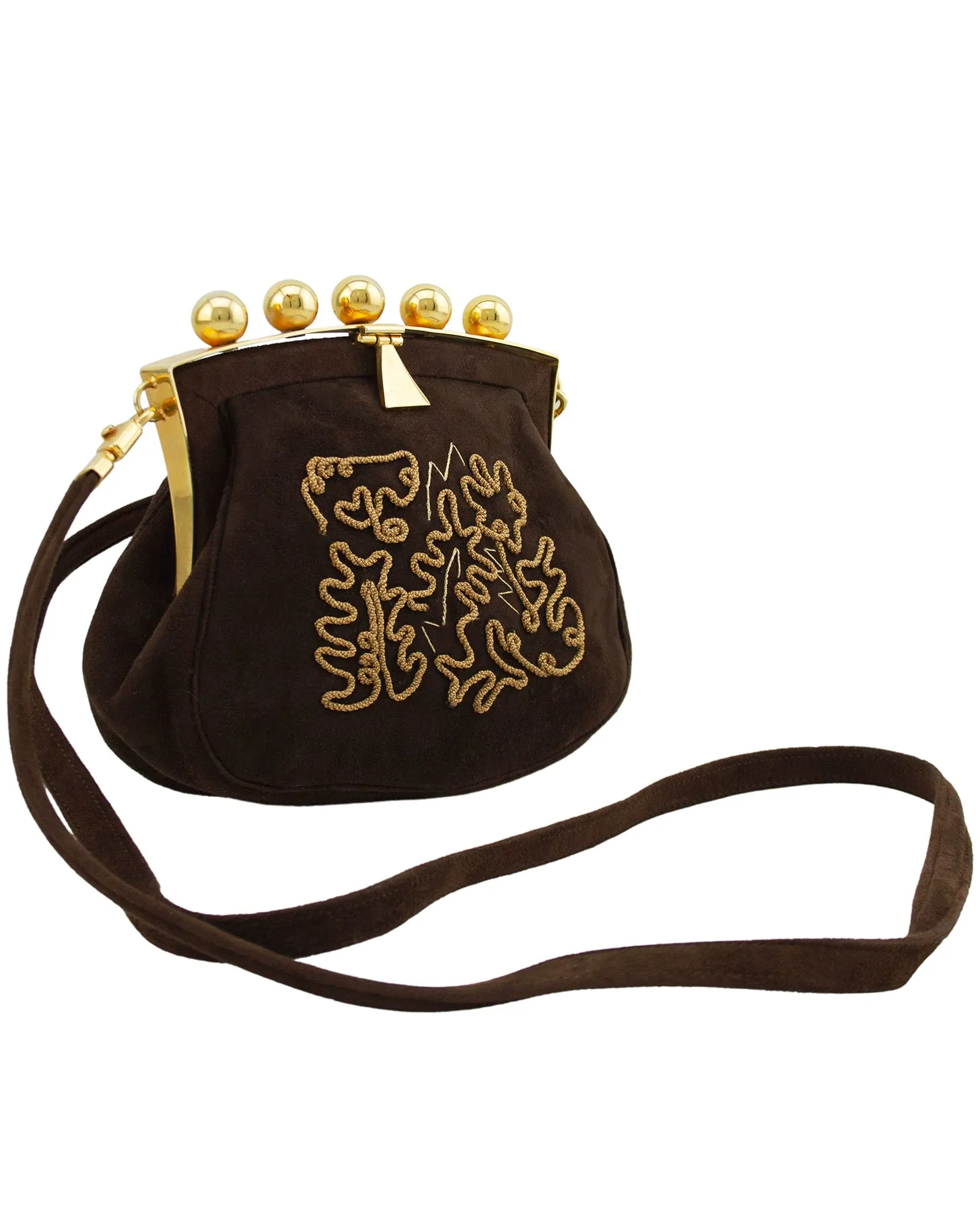 Brown and Gold Embroidered Suede Mini Bag