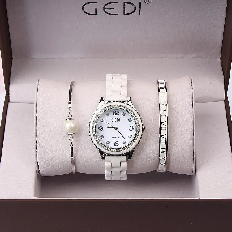 Ceramic Strap 3 Pcs Bracelet Women's Watch