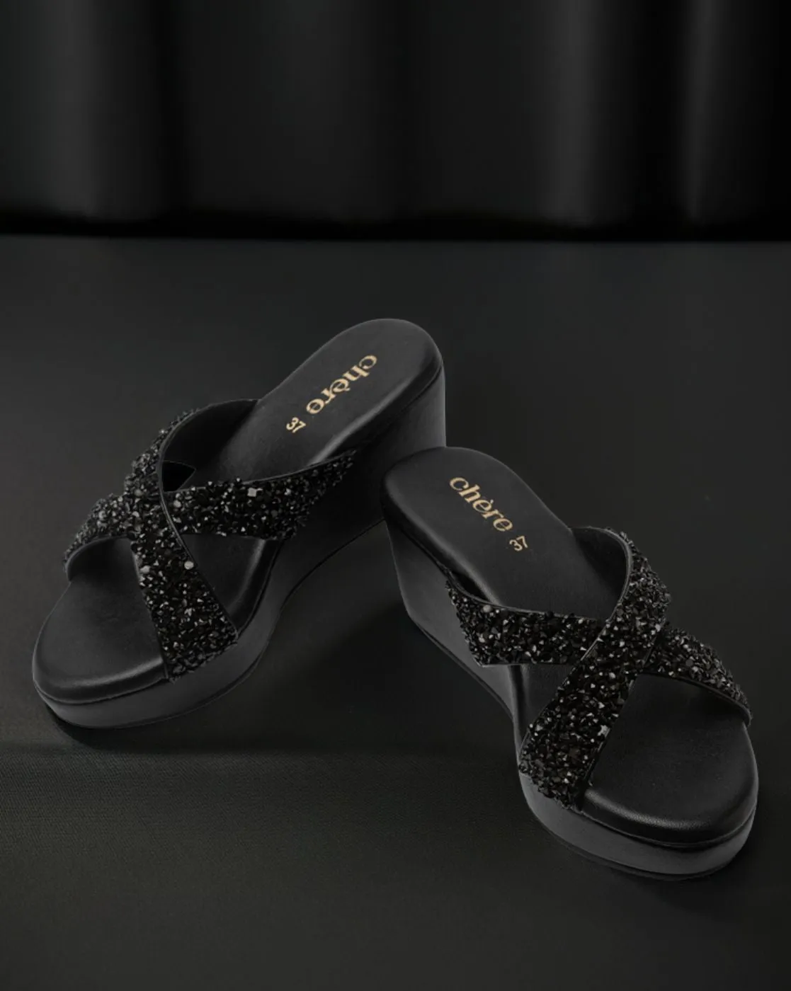 Chere Midnight Spark Crystal Embellished Wedges – Black