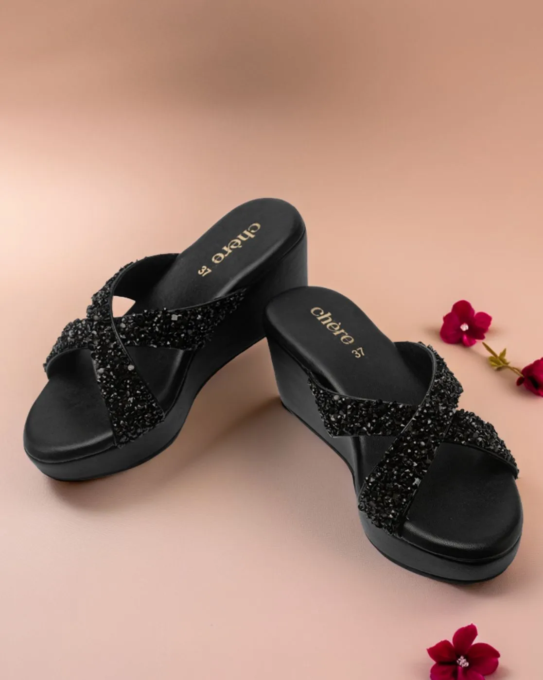 Chere Midnight Spark Crystal Embellished Wedges – Black