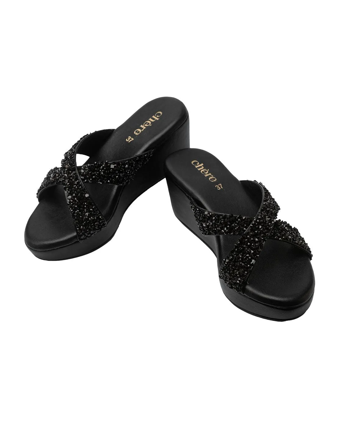 Chere Midnight Spark Crystal Embellished Wedges – Black