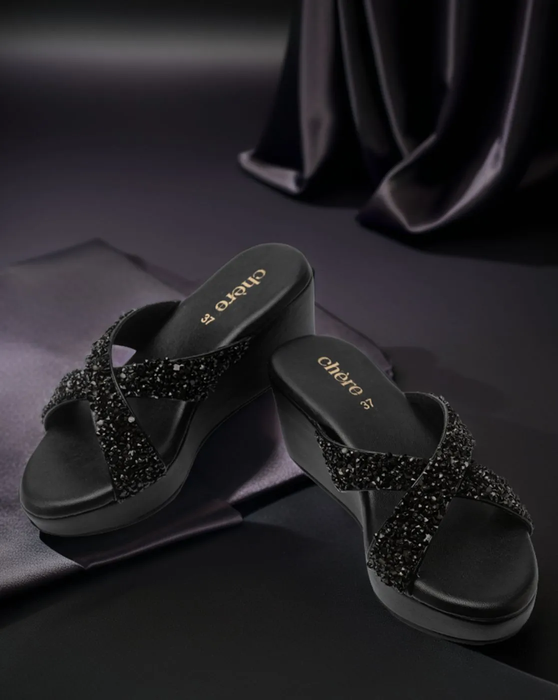 Chere Midnight Spark Crystal Embellished Wedges – Black