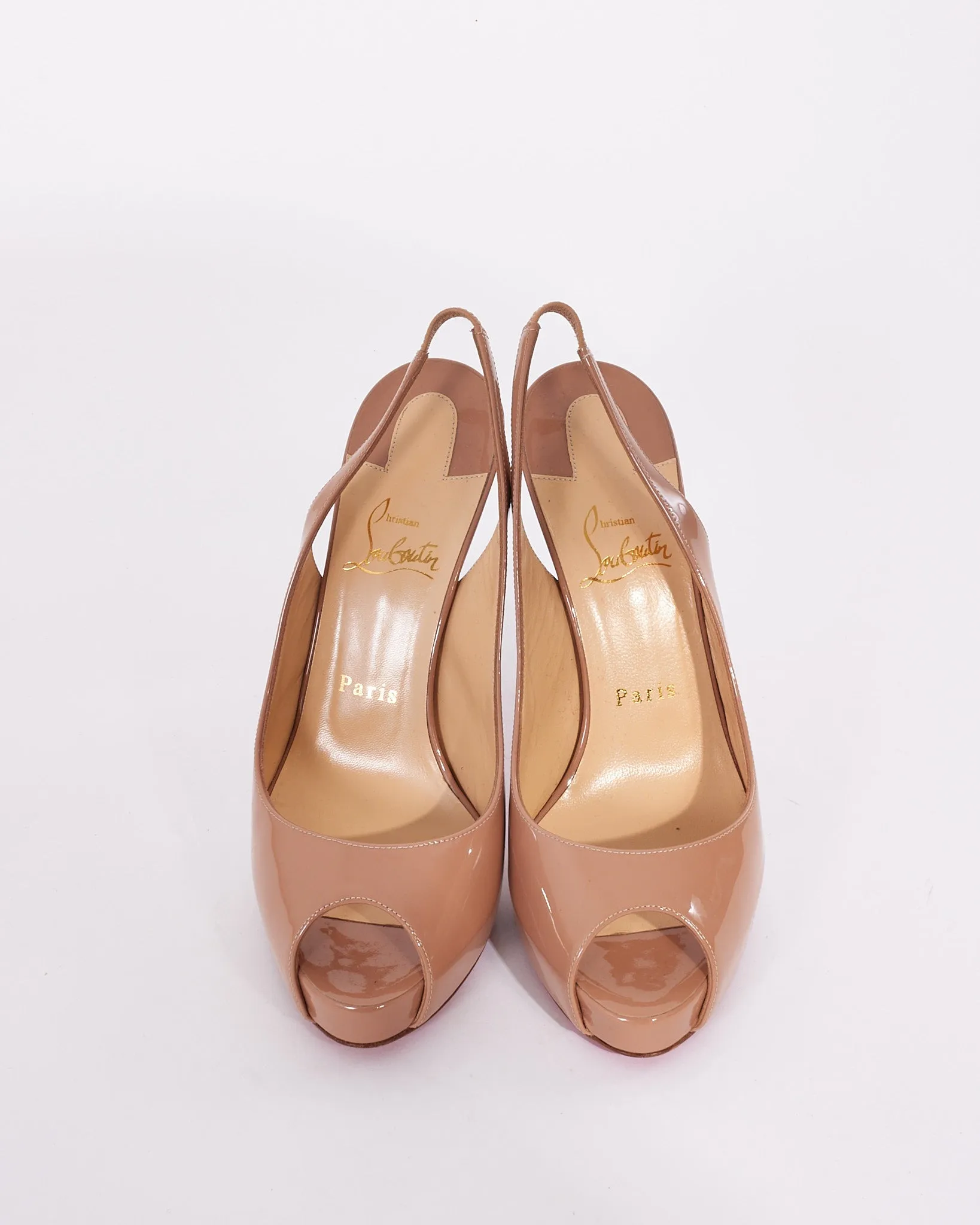 Christian Louboutin Beige Patent Leather Private Number 120 Peep Toe Heels - 38