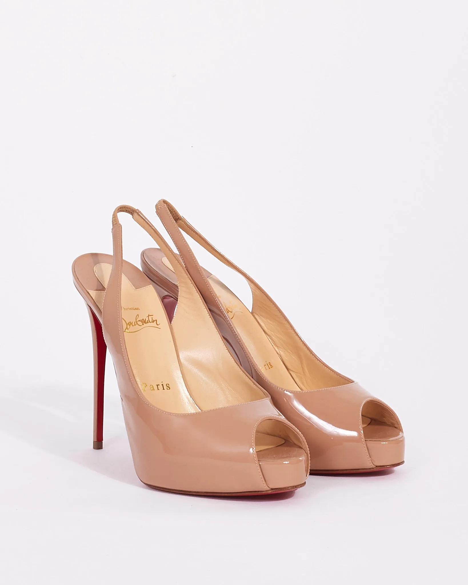 Christian Louboutin Beige Patent Leather Private Number 120 Peep Toe Heels - 38