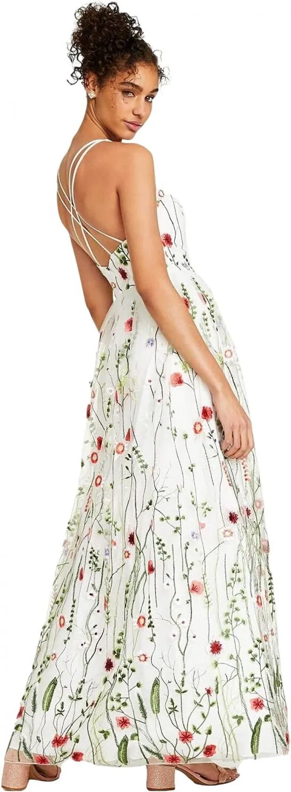 City Studios Juniors Womens Embroidered Strappy-Back Gown 8502JK6ATP White 15