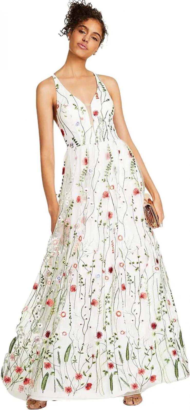 City Studios Juniors Womens Embroidered Strappy-Back Gown 8502JK6ATP White 15