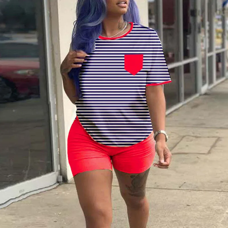 Colorblock Striped Short Sleeve T-Shirt & Shorts Set