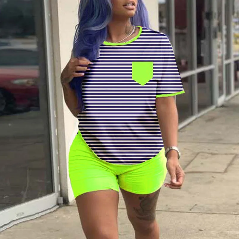 Colorblock Striped Short Sleeve T-Shirt & Shorts Set