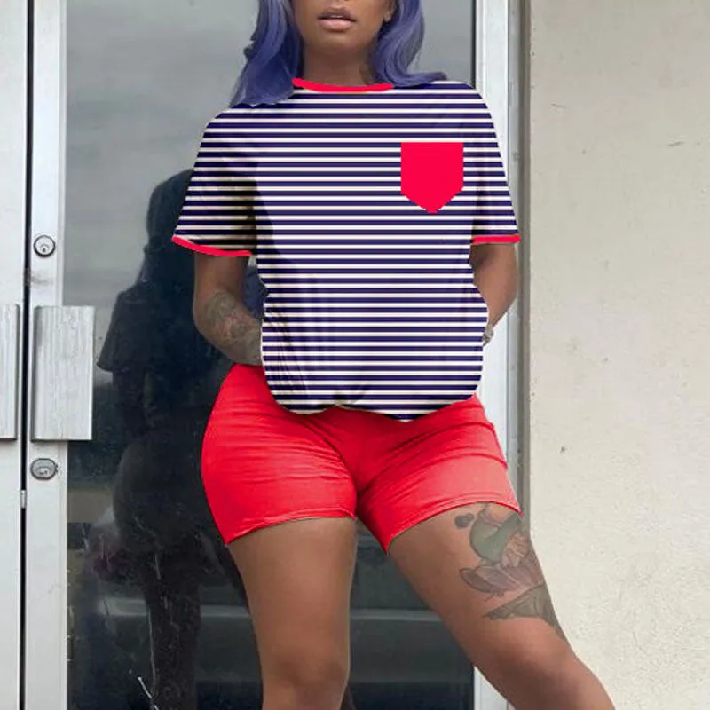 Colorblock Striped Short Sleeve T-Shirt & Shorts Set