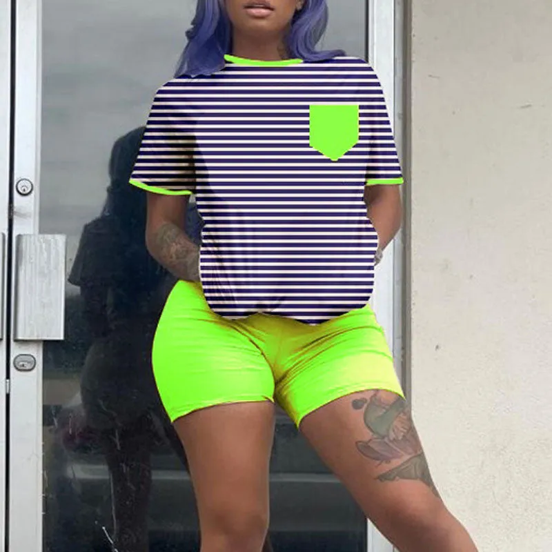 Colorblock Striped Short Sleeve T-Shirt & Shorts Set