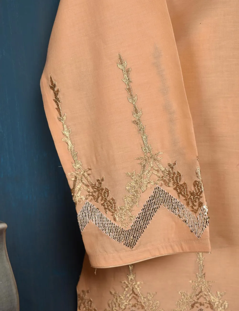 Cotton Embroidered Kurti - Beach waves (T20-028-Peach)
